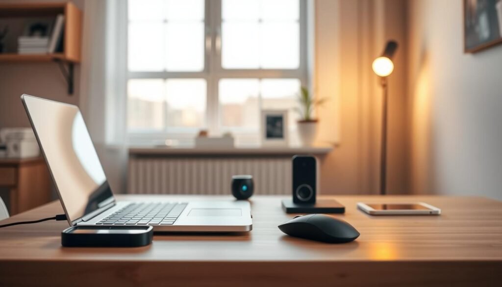 A sleek, energy-efficient electronics setup illuminated by warm, diffused lighting. In the foreground, a modern laptop, wireless mouse, and charging station sit atop a minimalist wooden desk. In the middle ground, a smart speaker and smart home controller blend seamlessly into the decor. The background features a large window, allowing natural light to filter in and highlighting the efficient, clutter-free design. The overall scene conveys a sense of simplicity, functionality, and environmental consciousness.
