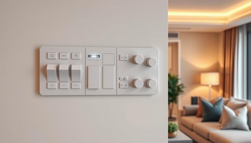 a highly detailed, realistic photograph of smart home lighting controls, showing a wall-mounted panel with various switches, dimmers, and buttons for managing lighting throughout a modern living space. The panel should have a sleek, minimalist design with a neutral color palette, blending seamlessly into the background. The lighting should be warm and inviting, with a focus on energy-efficient LED technology. The scene should be well-lit, showcasing the functionality and user-friendly interface of the smart lighting controls. The background should feature clean, contemporary interior design elements that complement the lighting controls, creating an overall impression of a technologically advanced, yet aesthetically pleasing home environment.